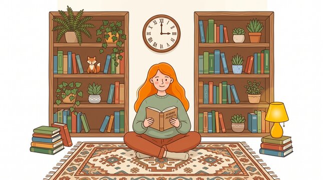Girl reading book in cozy library room