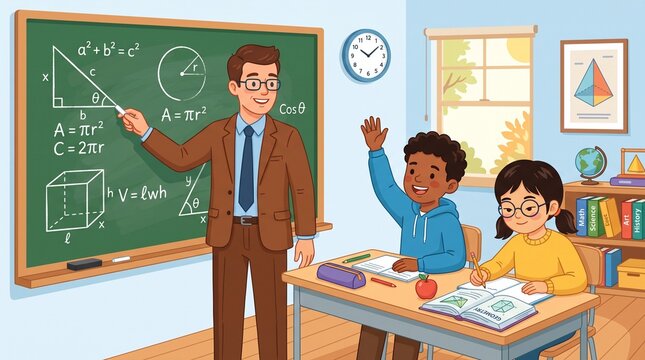 Teacher explaining math to excited students