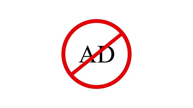 Animated AD text with red prohibition stop sign on white background, ad blocker pop up block status indicator, advertisement disabled UI UX motion graphic design video element.
