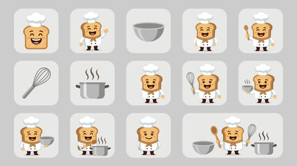 Fototapeta premium Cute toast character chef icons in flat design style, cooking and baking elements, isolated on white background