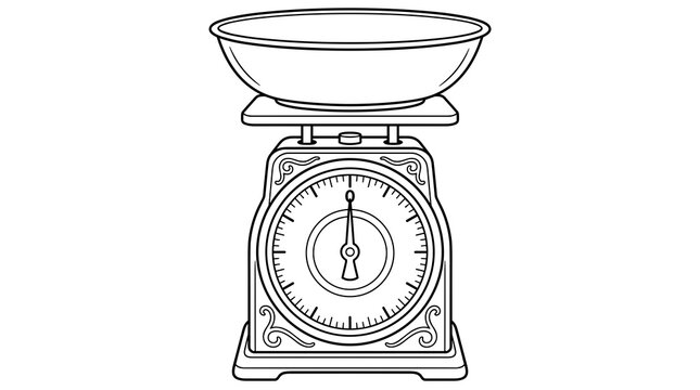 Vintage kitchen scale with a large bowl on top, line art illustration, isolated on white background