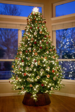Beautiful Christmas tree decorated and lit up for the holidays