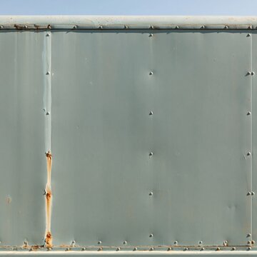 Weathered blue painted metal panel with rivets and rust texture for urban background and street food vending truck design