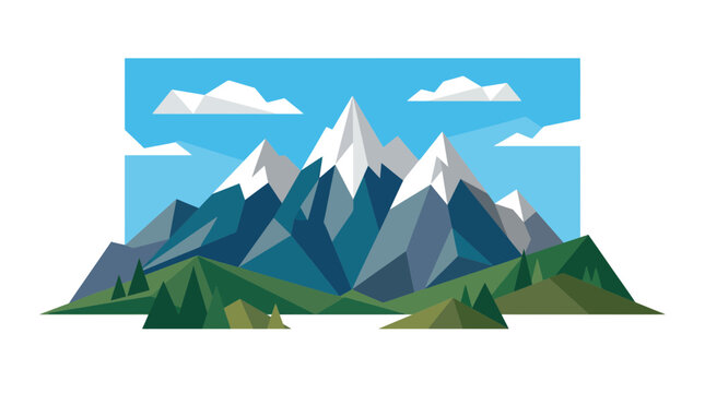 Stylized mountain range with snowy peaks and clouds