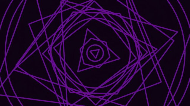 A complex abstract design featuring overlapping geometric shapes made of purple lines against a solid black background, creating a hypnotic visual effect.