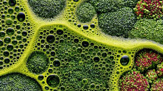 Close-up macro view of green broccoli florets with a bright yellow foamy texture