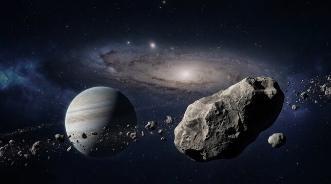Cosmic scene with planet asteroid and galaxy in deep space