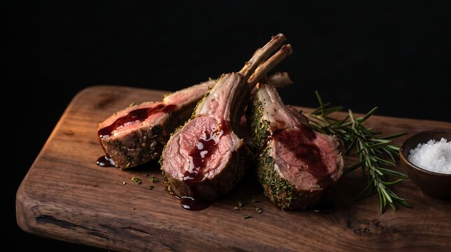 Herb crusted lamb chops with rosemary on wooden cutting board