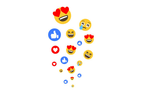 Colorful social media reaction emoji collection arranged in a falling trail. Happy love and expressive icons create a playful pattern. Modern engagement symbols for online communication.