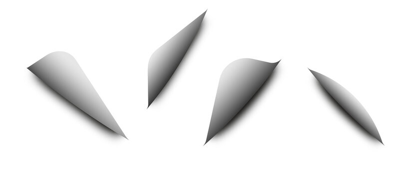 Realistic curled paper corner peel effect isolated on white background. Folded page edge creates a smooth dimensional shadow. Minimal paper curl element for web design, mockups and graphics.
