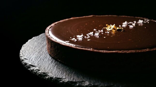 Dark chocolate ganache tart sprinkled with sea salt on slate plate