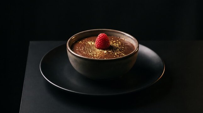 Dark chocolate mousse with edible gold leaf and fresh raspberry in ceramic bowl