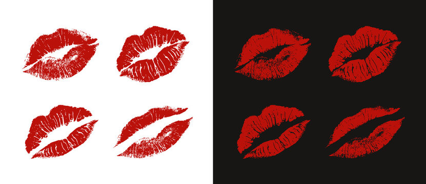 Red lipstick kiss marks collection with grunge texture on black and white backgrounds. Romantic lip prints create bold appeal. Perfect for cards, posters, stickers, branding, and vector art.