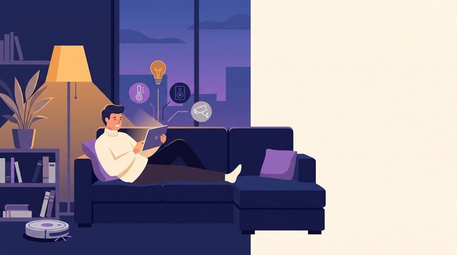Person controlling smart home devices from tablet at evening scene