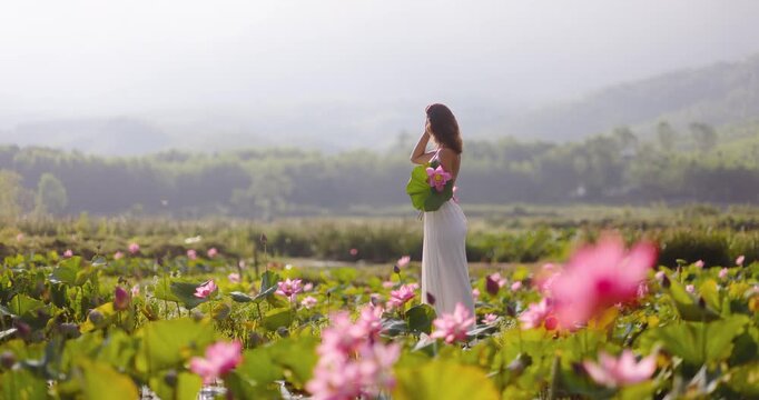 Wide Shot Woman Holding Lotus in Field Tra Ly Thai Binh Vietnam