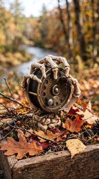 Skeleton hand holding vintage fly fishing reel, spooky autumn fishing concept with fall leaves and river background, macabre outdoor hobby decor for Halloween or fishing ads.