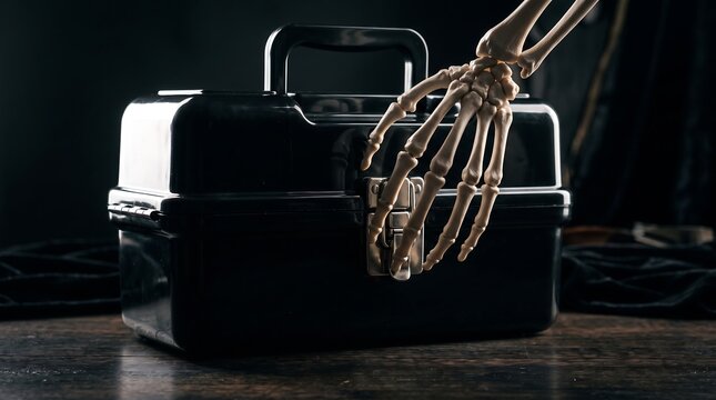 Skeleton hand reaching for black toolbox on wooden table, spooky bony fingers touching plastic tool chest latch, dark cinematic horror aesthetic for halloween mystery concept