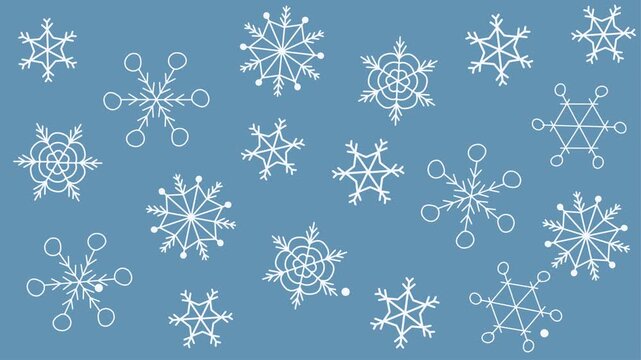 Rotating Snowflake Animation with Falling Snow Particles on Blue Winter Background