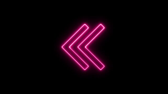 Pink Neon Double Left Arrow Glowing Directional Symbol on Black Background
