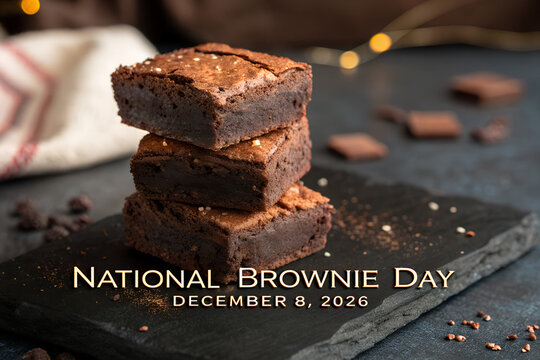 Stack of chocolate brownies on slate serving board for brownie day with homemade