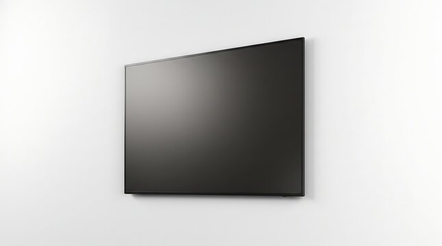A large black television screen mounted on a clean white wall.