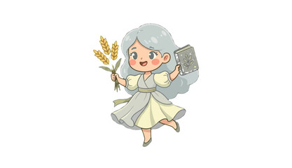 Fototapeta premium Cute Anime Girl Holding Wheat and Book Isolated