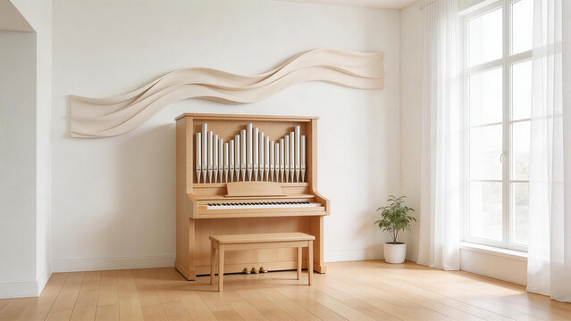 Wooden organ in minimalist room