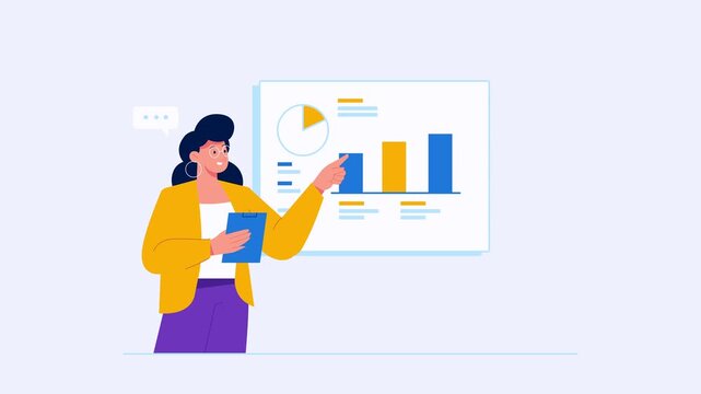 Animated Woman Presenting and Pointing at graphic Whiteboard While Holding a Clipboard, Corporate Presentation Motion Graphic.