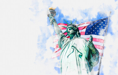 Watercolor painting illustration of Statue of Liberty with a large american flag and New York skyline in the background © Maria