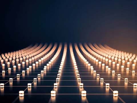Abstract grid matrix activation strategy with glowing line and cube pattern, futuristic dark background