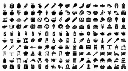 Fototapeta premium 200 Solid Food and Culinary Icons for Restaurant Kitchen Cooking Dining and Food Service Vector Collection