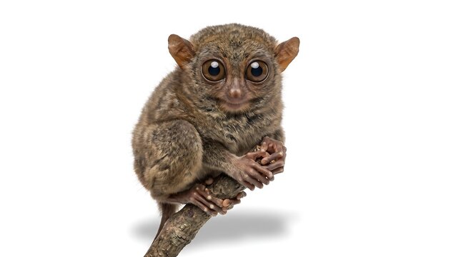 A small tarsier primate perched on a branch against a white background.
