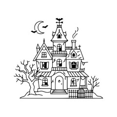 Fototapeta premium Black and white line art illustration of a spooky haunted house with gables, bats flying near a crescent moon, dead trees, and a fence on white background for Halloween vector art.