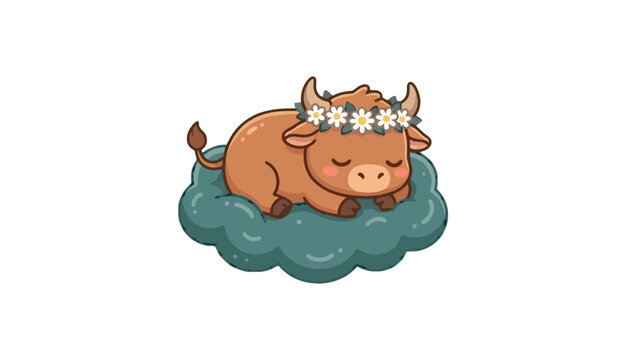 Cute cartoon baby bull sleeping on a soft fluffy cloud
