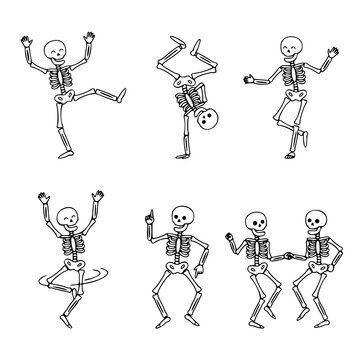 Set of hand drawn cartoon human skeletons in various dancing and celebratory poses, including handstands and spinning, black and white line art vector illustration for Halloween.