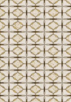 Seamless japanese modern abstract background with mustard yellow geometric ellipses on beige paper texture