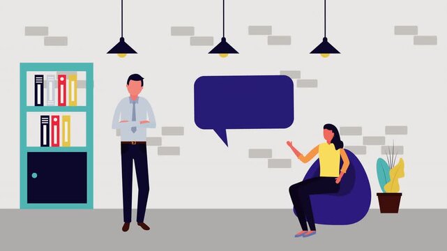 Man and woman having a conversation in a stylish office room, teamwork and communication concept motion graphic.
