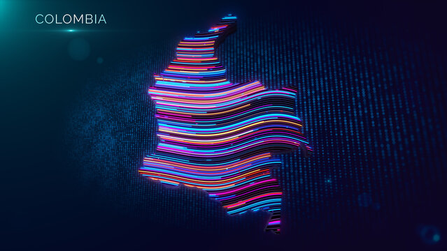 A luminous three dimensional Colombia map features colorful flowing neon lines and a visible country label against a futuristic blue particle grid with glowing digital effects.