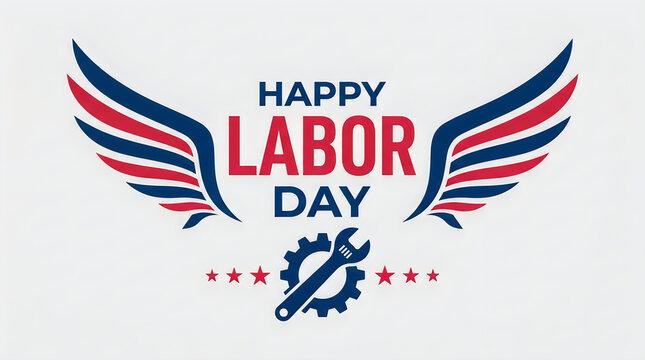 Happy labor day greeting card design with patriotic wings and industrial gear icon on white background