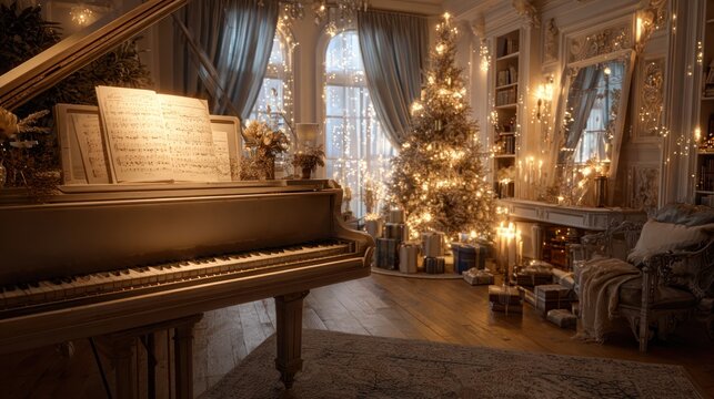 A festive living room with a piano, sheet music for Christmas carols, and a glowing tree nearby, 8k, realistic, full ultra HD, high resolution, cinematic photography