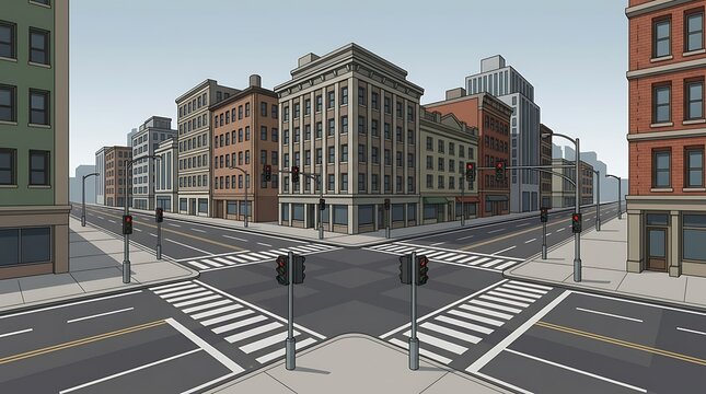 Cartoon urban city intersection with empty streets and buildings