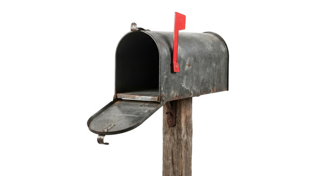 Old rustic metal mailbox with red flag on a wooden post isolated on transparent background