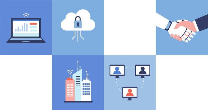 A Grid of Technology and Business Icons Featuring Cloud Security, Artificial Intelligence, Robot Handshake, and Data Analytics, Modern Corporate Motion Graphic.