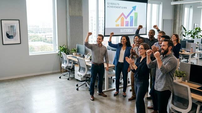 Diverse Business Team Celebrating Achievement and Win with Success on Screen