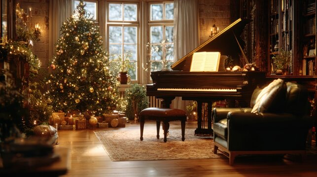 A festive living room with a piano, sheet music for Christmas carols, and a glowing tree nearby, 8k, realistic, full ultra HD, high resolution, cinematic photography