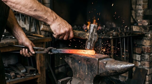 Blacksmith Forging Hot Glowing Iron with Hammer and Tongs on Anvil in Workshop