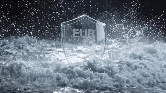 Fintech security data visualization concept of currency shield splash with usd eur jpy symbols, dramatic water protection and forex finance risk management safeguard in turbulent market economy