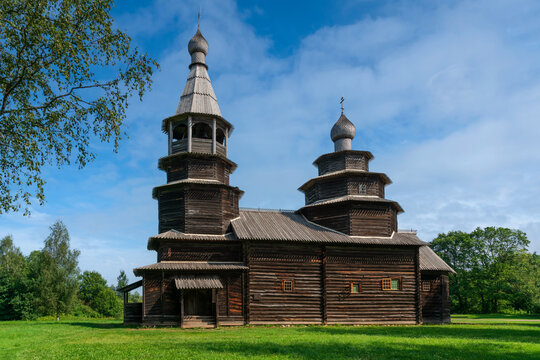 St. Nicholas Church from the village  of Vysoky Ostrov in Okoolovka district in the Vitoslavlitsy open-air museum of wooden architecture on a sunny summer day, Veliky Novgorod, Russia