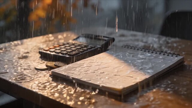 Fintech budget planning data visualization concept with wet calculator notebook coin on wooden table in outdoor rainy weather calm finance planning workspace during autumn rain