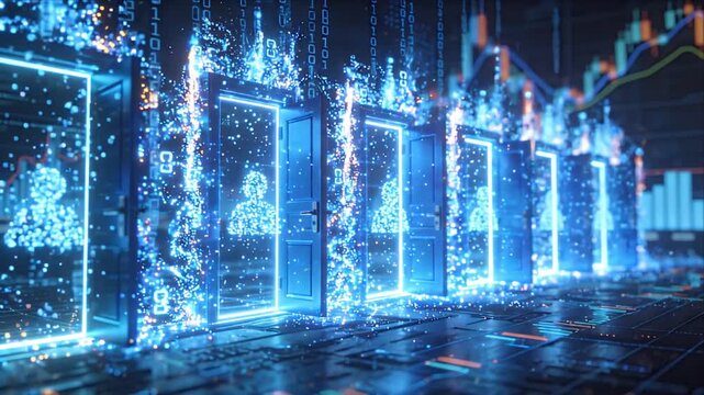 Fintech data visualization digital identity security glowing door hologram profile cyber gateway futuristic access control concept with virtual network matrix background for future financial interface
